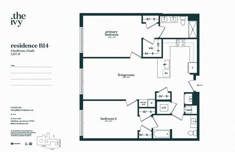 Floor plan for 2 beds, 2 baths, 1257 sqft